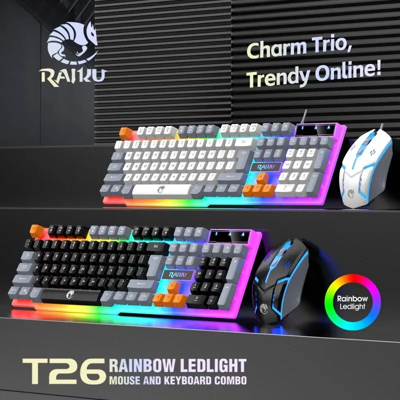 RAIKU T26 Wired 104 Keys Membrane Wired keyboard and mouse set Kinds of Colorful Lighting Gaming and Office For Windows and IOS