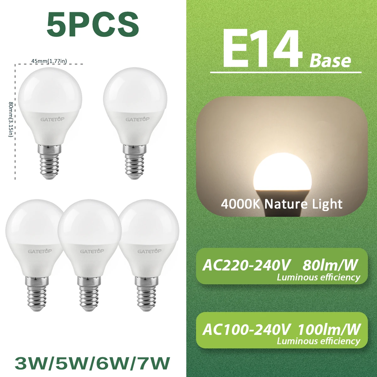 Eco-Friendly LED G45 E14 Light Bulbs - 5-Pack, Non-Flicker, Energy Efficient Lamp