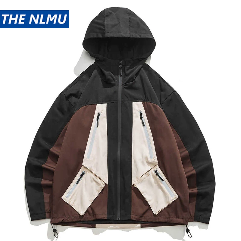 Hip Hop Hooded Cargo Jacket Men Color Block Patchwork Windbreaker Coat 2023 Men Harajuku Oversized Y2K Jackets Coats