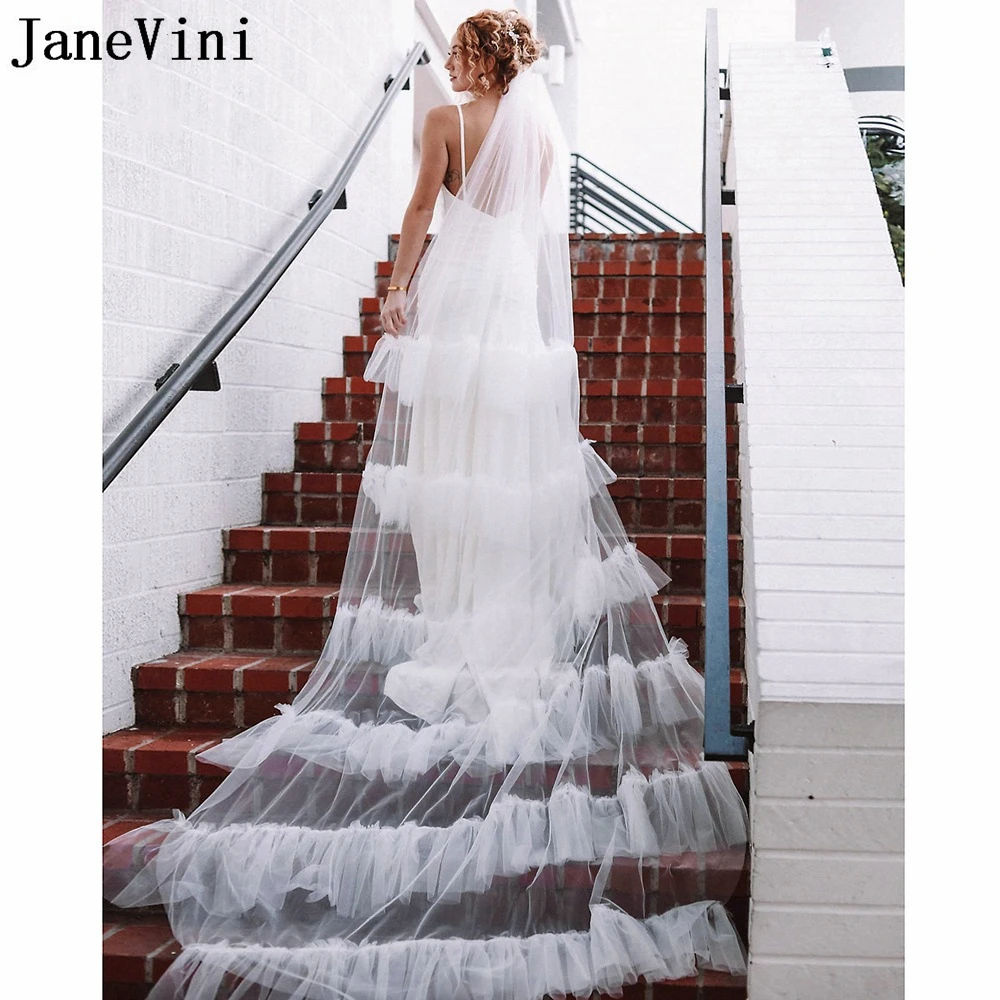 

JaneVini Romantic Ivory Wedding Veil One Layer Ruffled Bridal Veils with Comb Tulle Cathedral Length Drop White welony ślubne