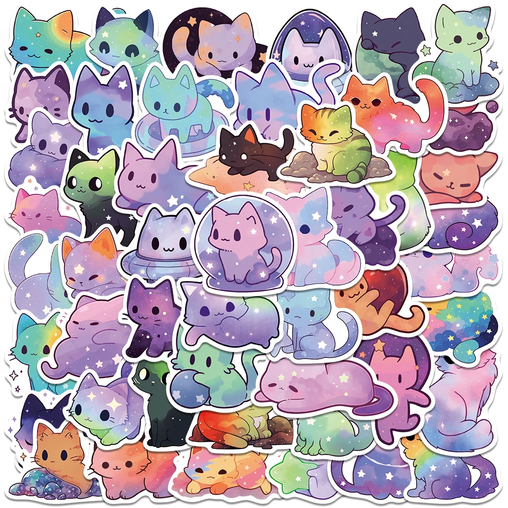 Cartoon Stickers 50pcs Kawaii Cartoon Starry Sky Cats Stickers Decals for Laptop Water Bottle Luggage Notebook Phone Vinyl Waterproof Graffiti