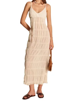 Women's Summer Long Dress Sleeveless Spaghetti Strap V Neck Pleated Dress Tie Back Dress 3