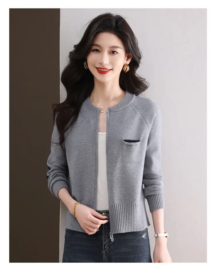 Frühling Herbst Frau Kleidung Zipper Kurze Tops Weibliche Stricken Woolen Pullover Jacke Mode Oansatz Langarm Jumper Mantel – Detail 13