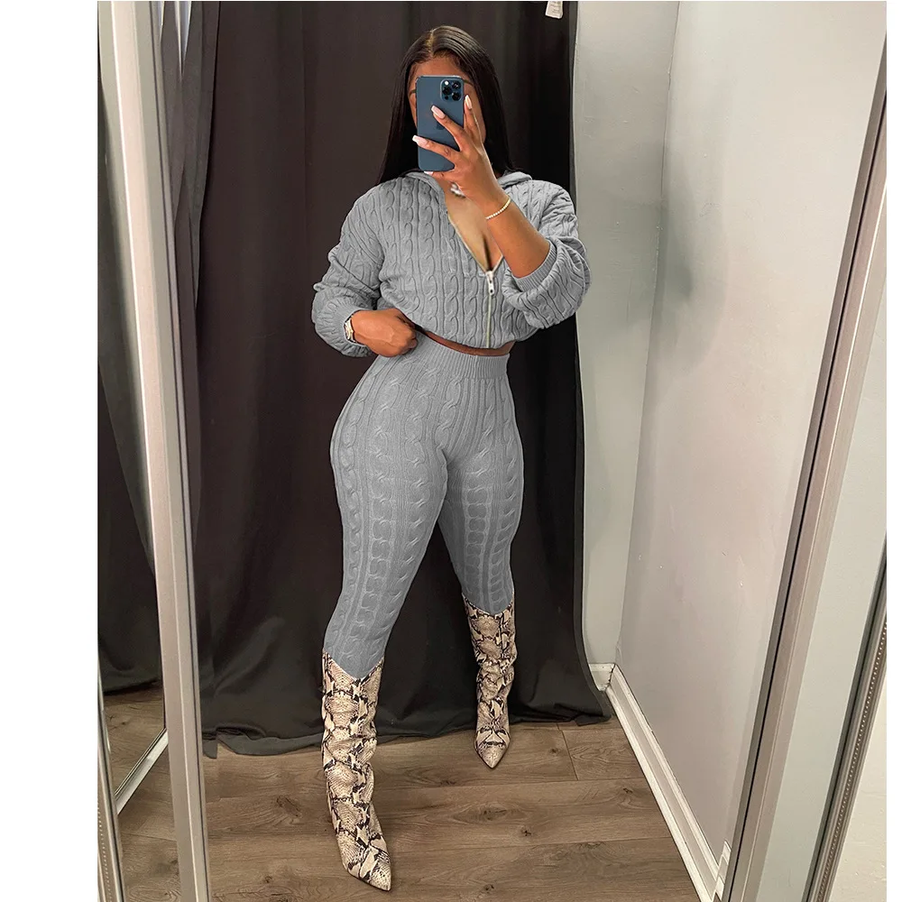 Women's Sweater Sets Fall Winter Fashion Knit Long-sleeved Hooded and Pants set 2 piece set lounge wear Women Casual Outfits