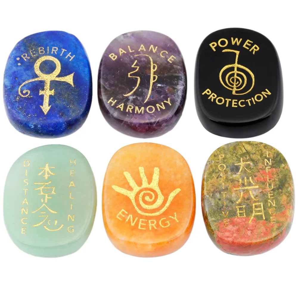 

6pcs/set Natural Healing Crystal Engraved Usui Reiki Balancing Symbols Chakra Palm Six Stone Materials Jewelry Decoration