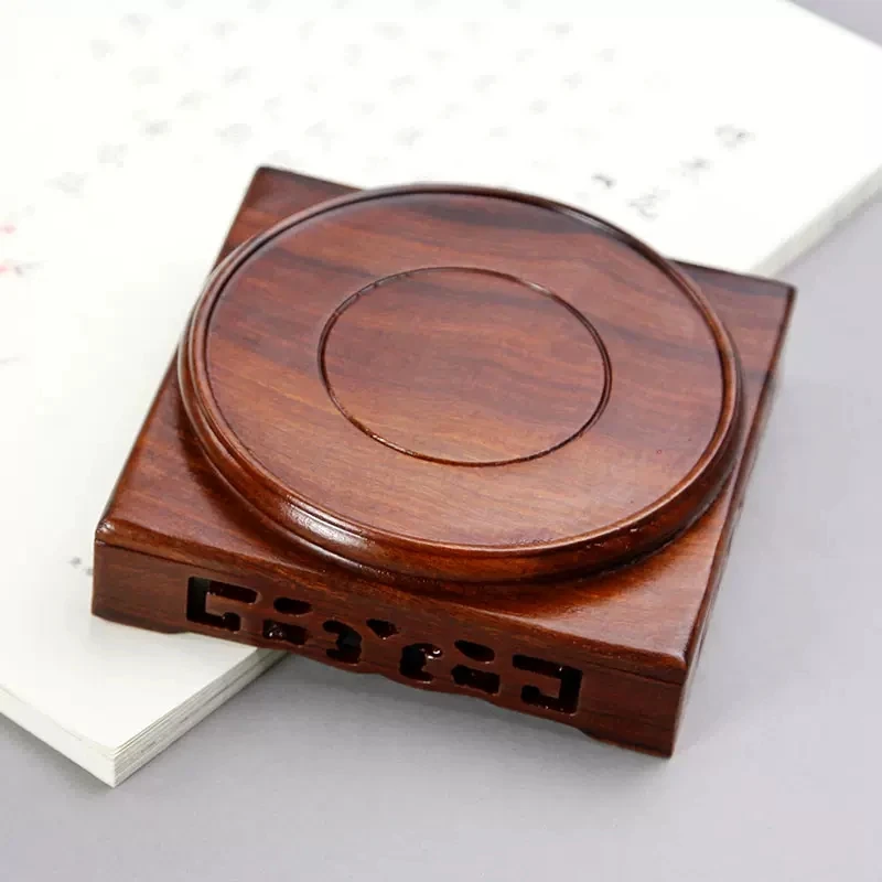 Red Sandalwood Vase Base, Carved Flower Pattern, Stone Seal, Teapot Tray, Jade Antique Ceramic Ornaments, 7-11cm Diameter