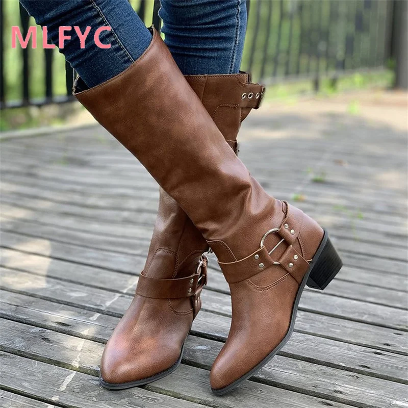 Long boots women's thick heels high boots retro fashion round toe winter boots warm and minimalist boots chaussure femme