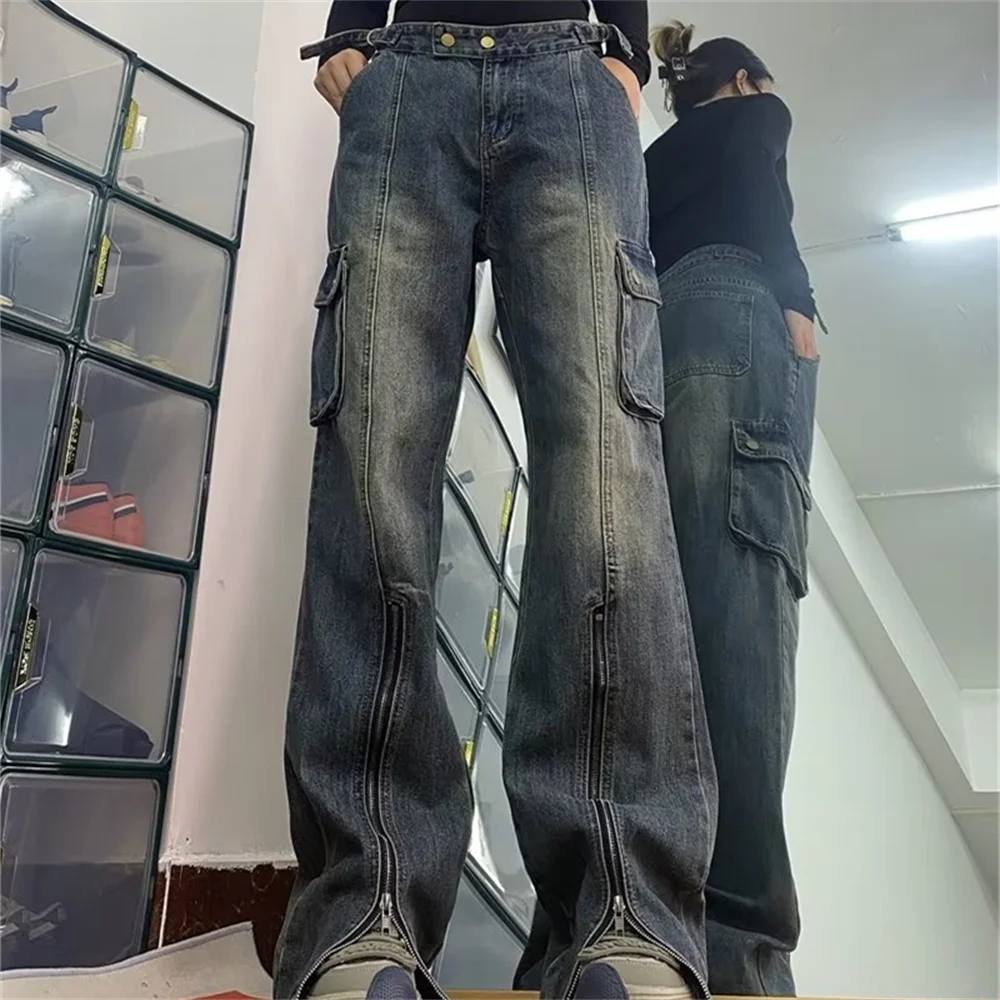 Y2K Vintage Straight Jeans for Women Fashion American Style Pockets High Waist Baggy Denim Pants Spring Street Wide Leg Trouser