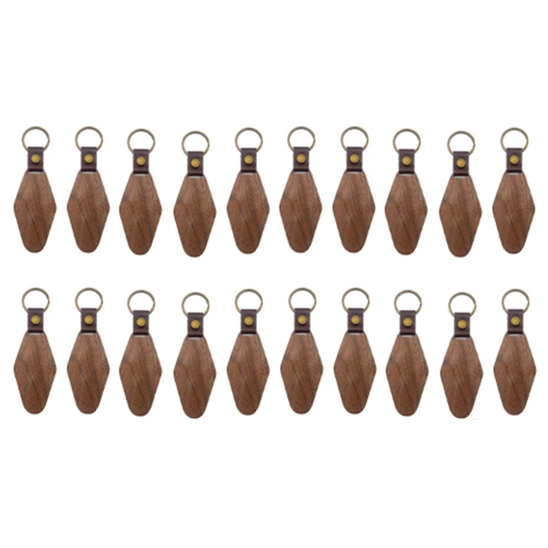 

20Piece Rhombus Blanks Leather Keychain Blank Wood Walnut With Keyring For DIY Engraving Gift