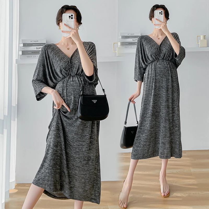 

Summer Fashion Maternity Clothes Plus Size Elegant High Waist V-Neck Pregnant Woman Nursing Dress Backless Loose Pregnancy Dress