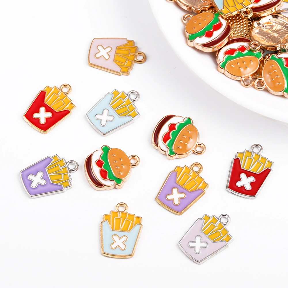 

20Pcs/Lot Funny Zinc Alloy Enamel Hamburger Chips Charms Creative Food Pendants Bulk Wholesale For DIY Jewelry Making Supplies