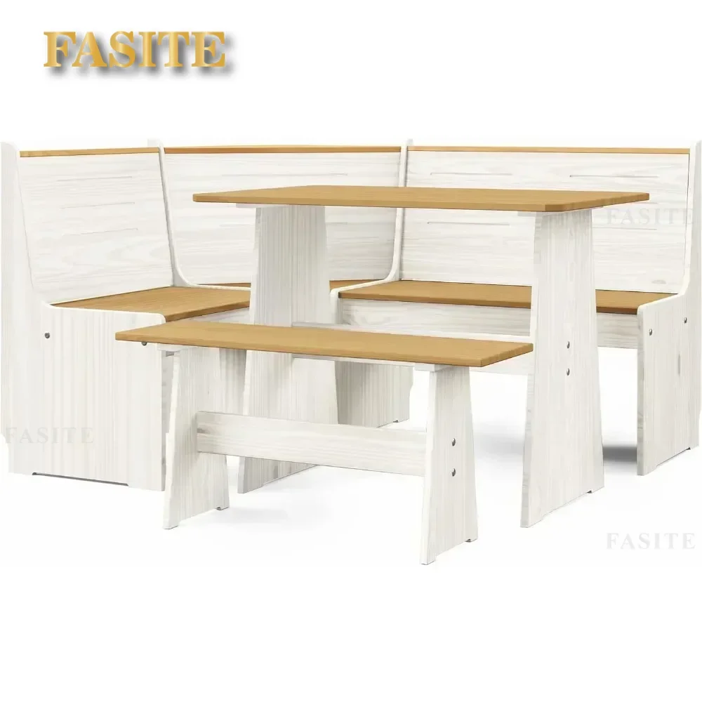 3/5PCS 2 Tone Natural/White Solid Wood Corner Dining Set, Reversible Breakfast Nook Urban Home Furniture