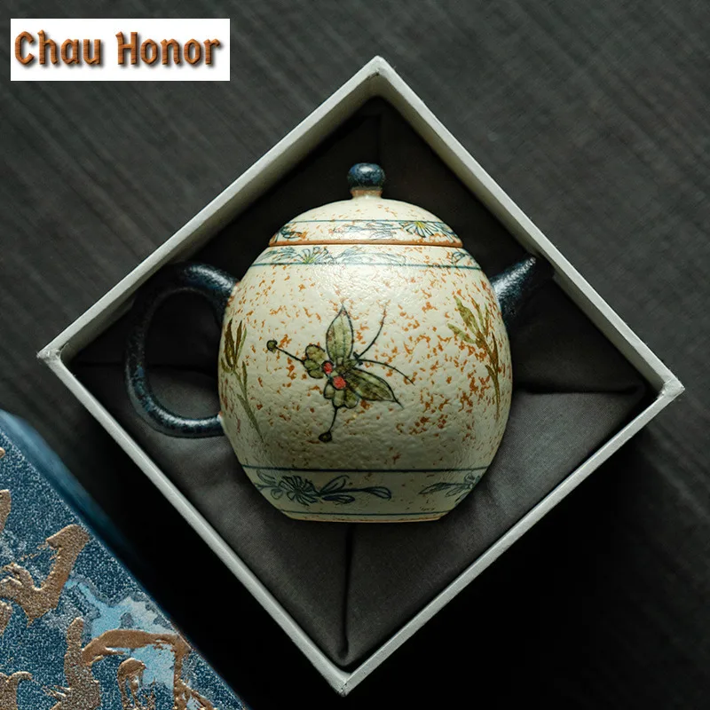 160ml Blue And White Flint Red Teapot Retro Gold Drawing Butterfly Egg Shaped Pot Tea Maker Kettle Tea Ceremony Decoration Gifts
