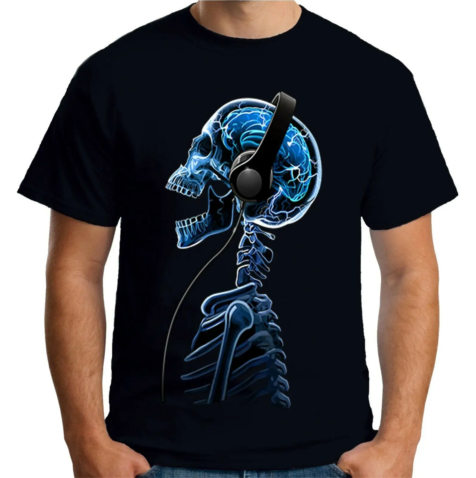

Creative Design Music Skull Horror Evil Skeleton DJ T-Shirt. Summer Cotton Short Sleeve O-Neck Mens T Shirt New S-3XL