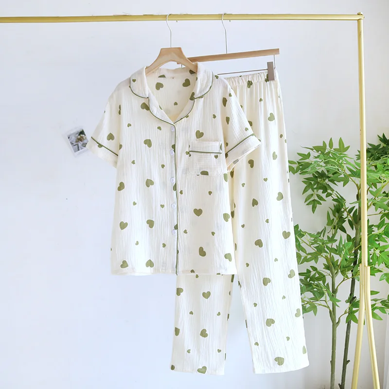 2024 Summer New Women's Pajama Set 100% Cotton Crepe Short Sleeve Long Pants Two Piece Love Thin Simple Large Size Home Fury