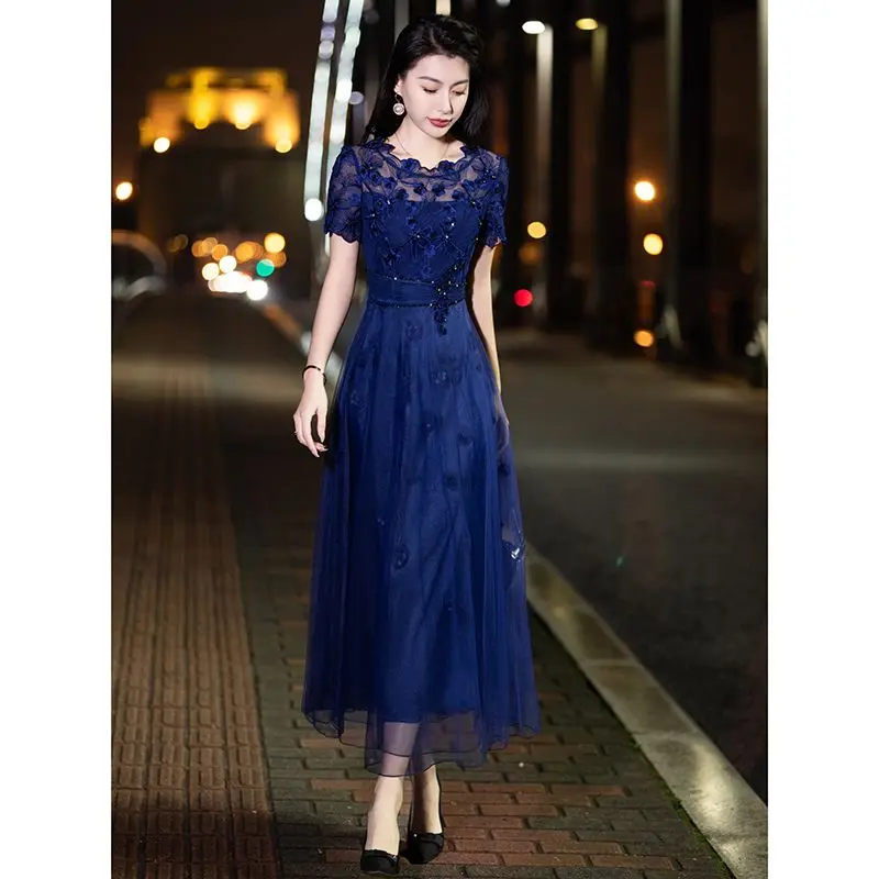 

Embroidered Dress Women's Summer 2023 Sense Embedding Diamonds to Show Thin Temperament Mesh Embroidered Mid length Dress