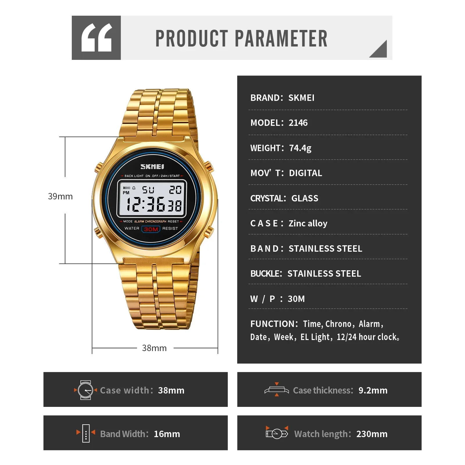 SKMEI 2146 Back Light Display Stopwatch Digital Sport Watches Stainless Steel Men Waterproof Date Alarm Wriswatch reloj hombre 6