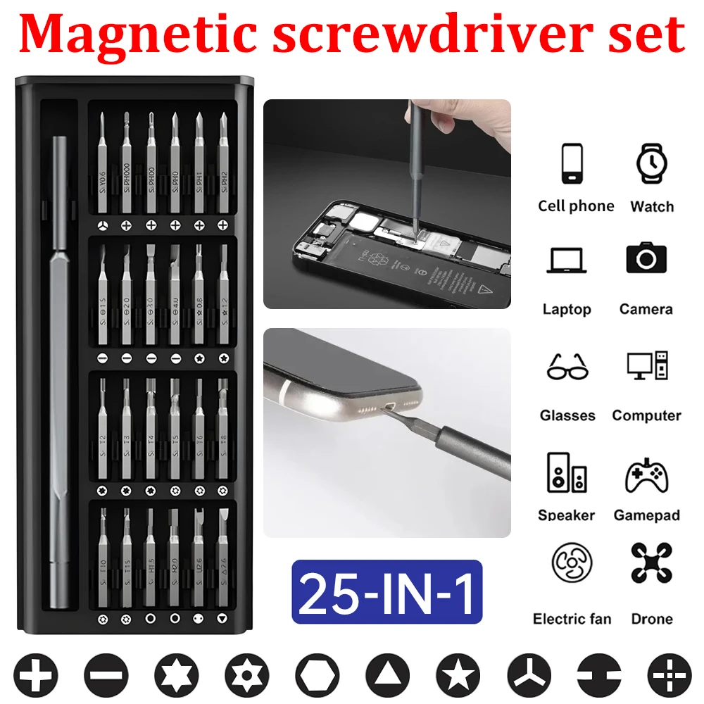 

Small Screwdriver Set 25 in 1 Magnetic Screwdriver Bits Repair Tools Precision Bits for Eyeglass Phone Watch Laptop Camera
