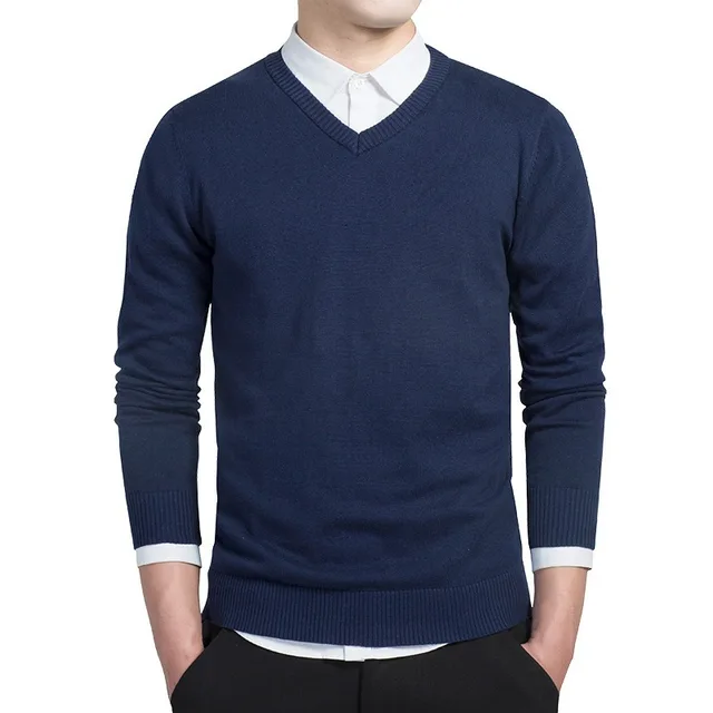 Cotton Sweater Men Long Sleeve Pullovers Casual V-Neck Solid Color Knitted Sweaters Tops Men Plus Size Slim Navy Sweater Men 1