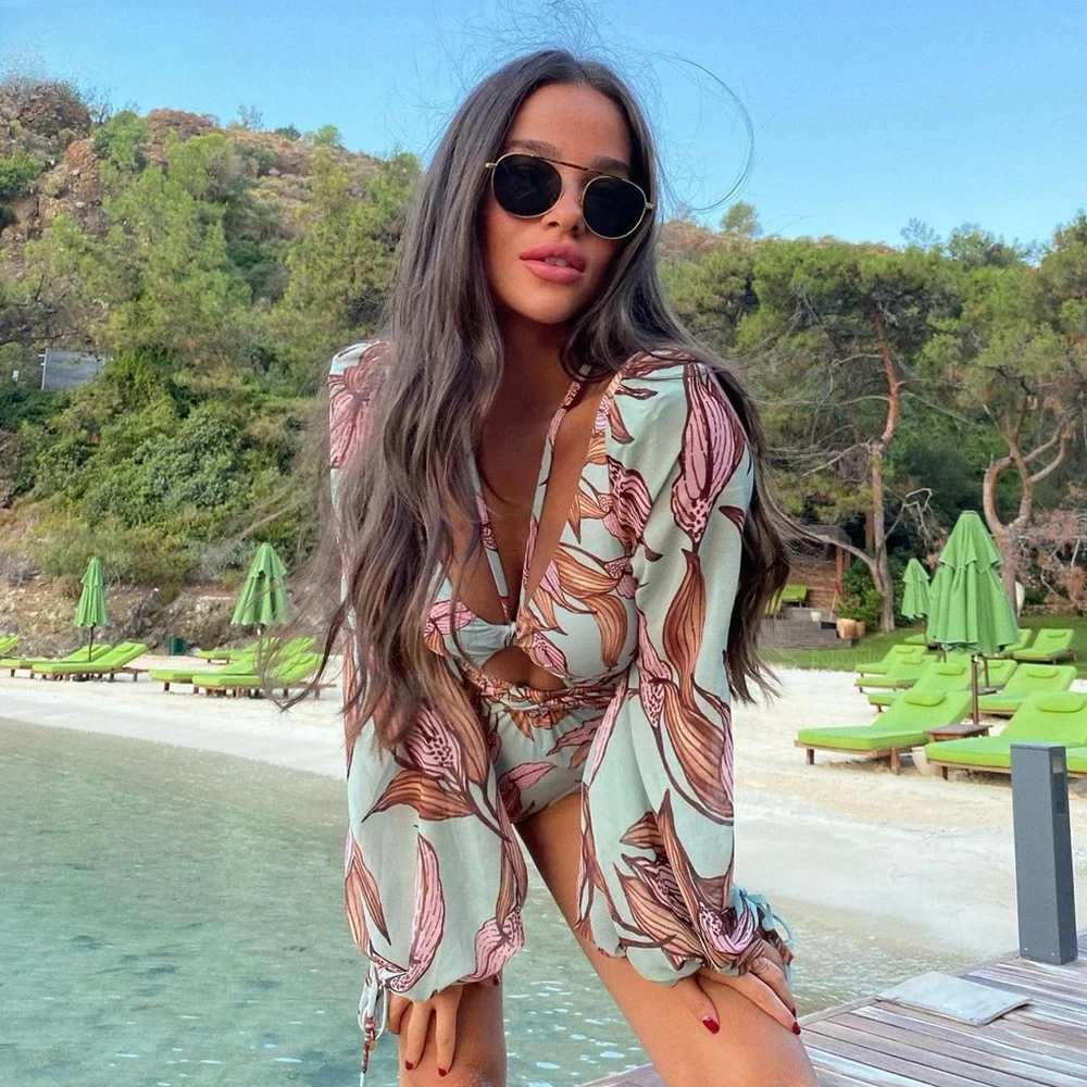

One Piece Swimsuit 2024 Long Sleeve Swimwear Women Bandage Print Monokini Sexy Black Bathing Suit String Backless Beachwear