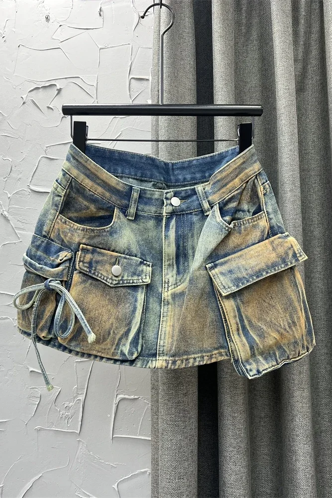 Women's Low Waist Rust Distressed Short Denim Skirt 2023 Summer New Ins Hot Girl Cargo Pocket A- Line Mini  Skirts for Summer