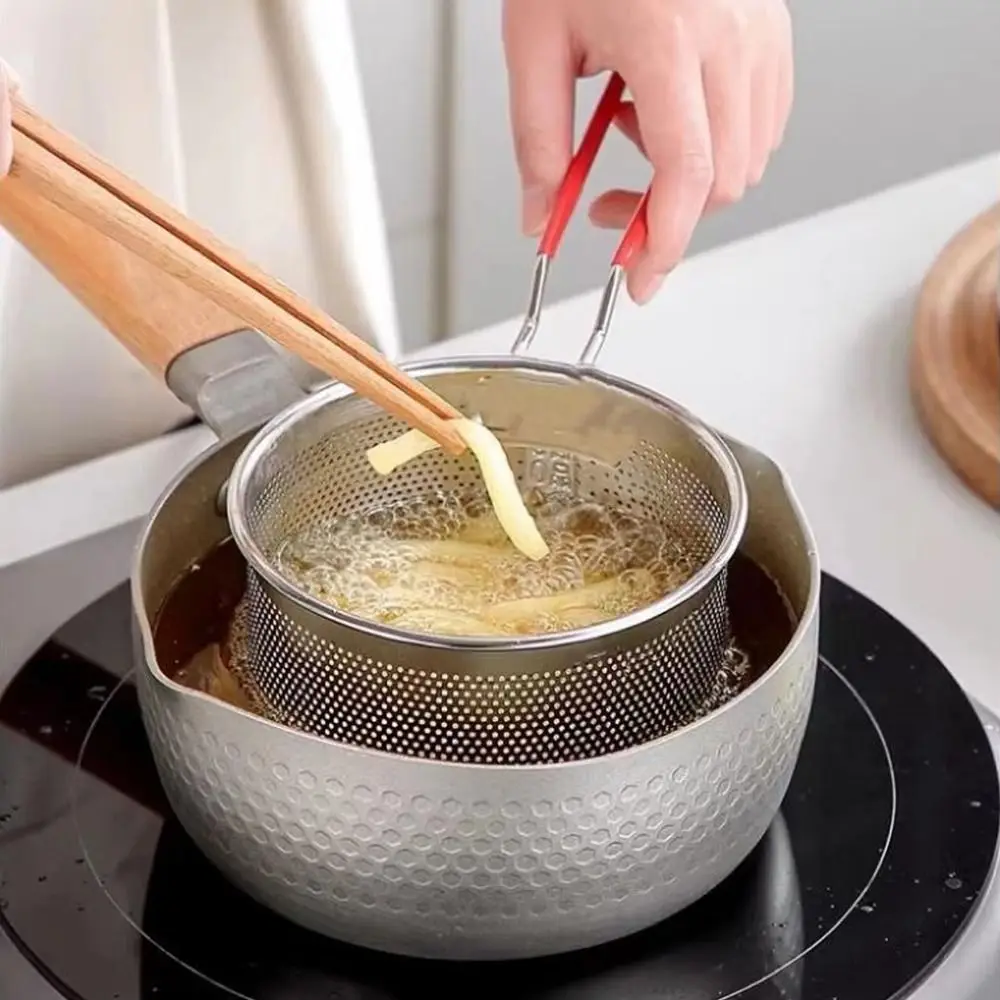 Stainless Steel Fried Sieve Basket Mesh Design Easy Clean Oil Pan Strainer Round Shape Non-Stick Deep Frying Basket