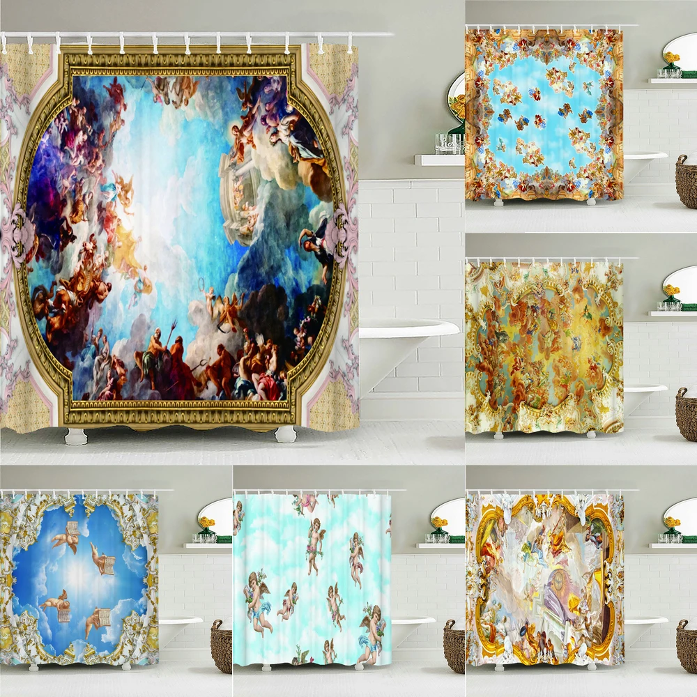 

Vintage European Church Mural Fabric Shower Curtain Bathroom Curtains Angel Virgin Decor Waterproof Bath Screen with 12 Hooks