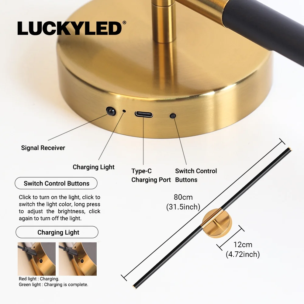 LUCKYLED Rechargeable 50/80cm Indoor Wall Lamp Gold Color Temperature Adjustable Light For Home Decoration