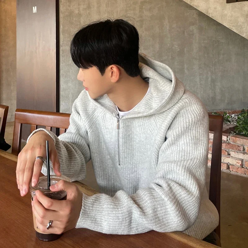 Winter Clothing Men's Luxury Knitted Zipper Hooded Pullovers Sweater Casual Streetwear Striped Solid Color Long Sleeve Hoodie AA