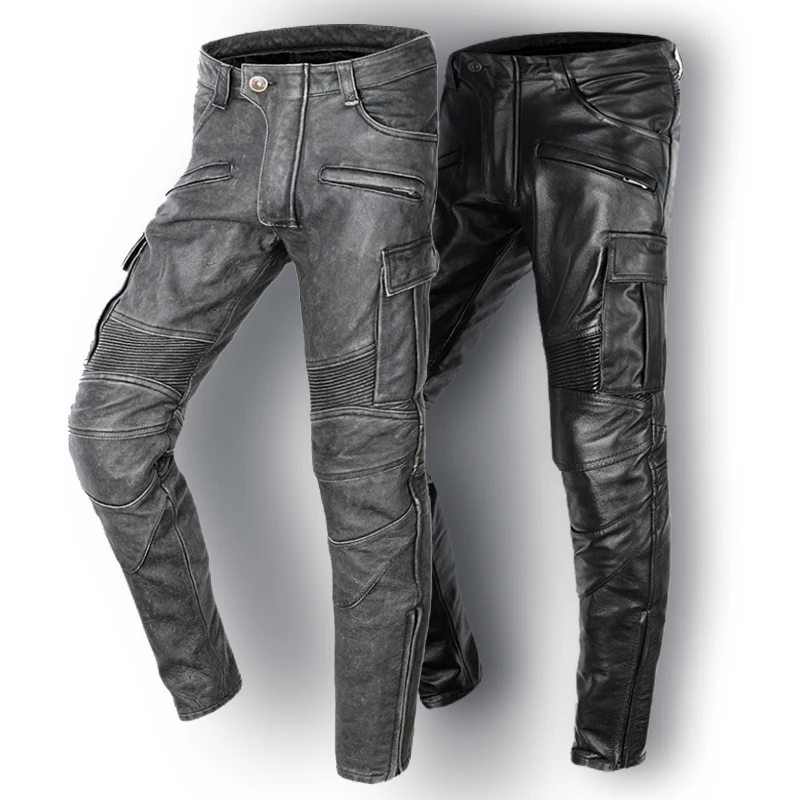 RidingWindproofRetroMotorcycleLeatherPantsVintageGreyBlack