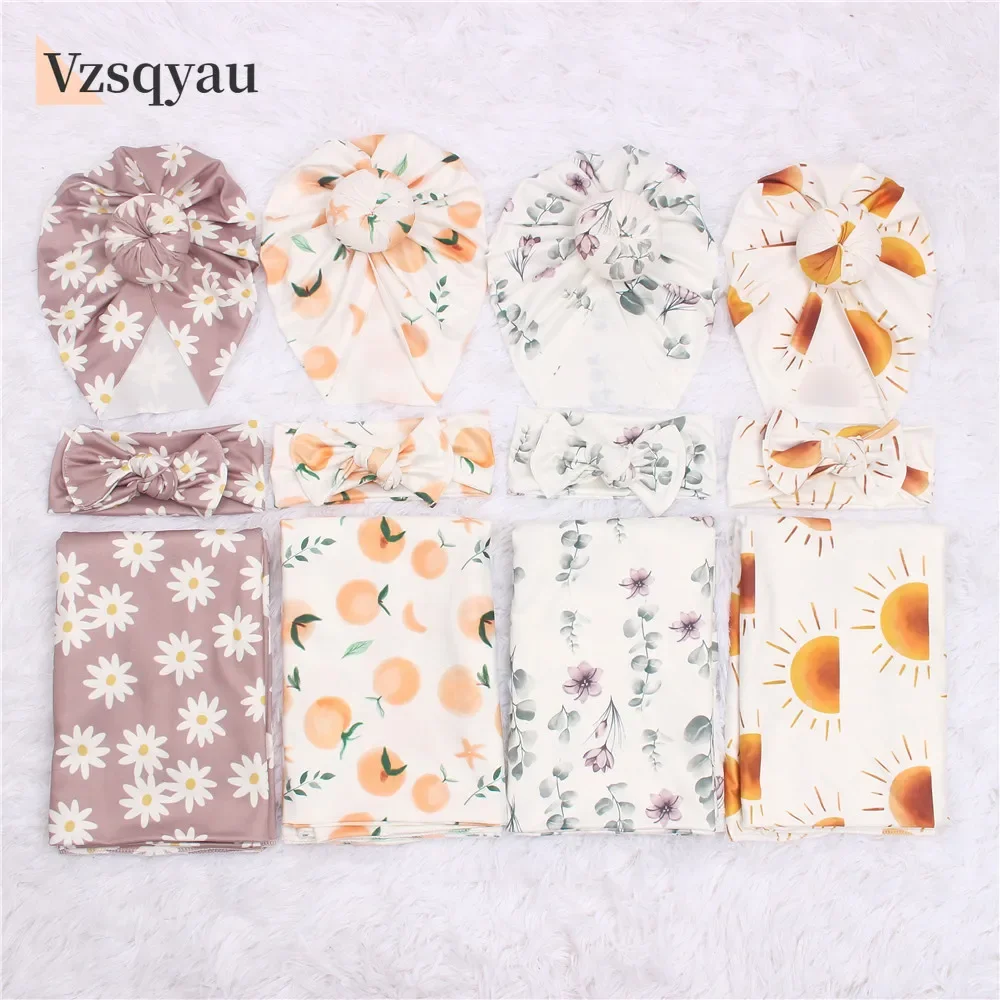 Baby Swaddle Wrap New Born Receiving Blanket for Newborn Babies Accessories Soft Floral Headband Hat Bedding Baby Items 3pc/set swaddle blanket cotton swaddle blanket hat set