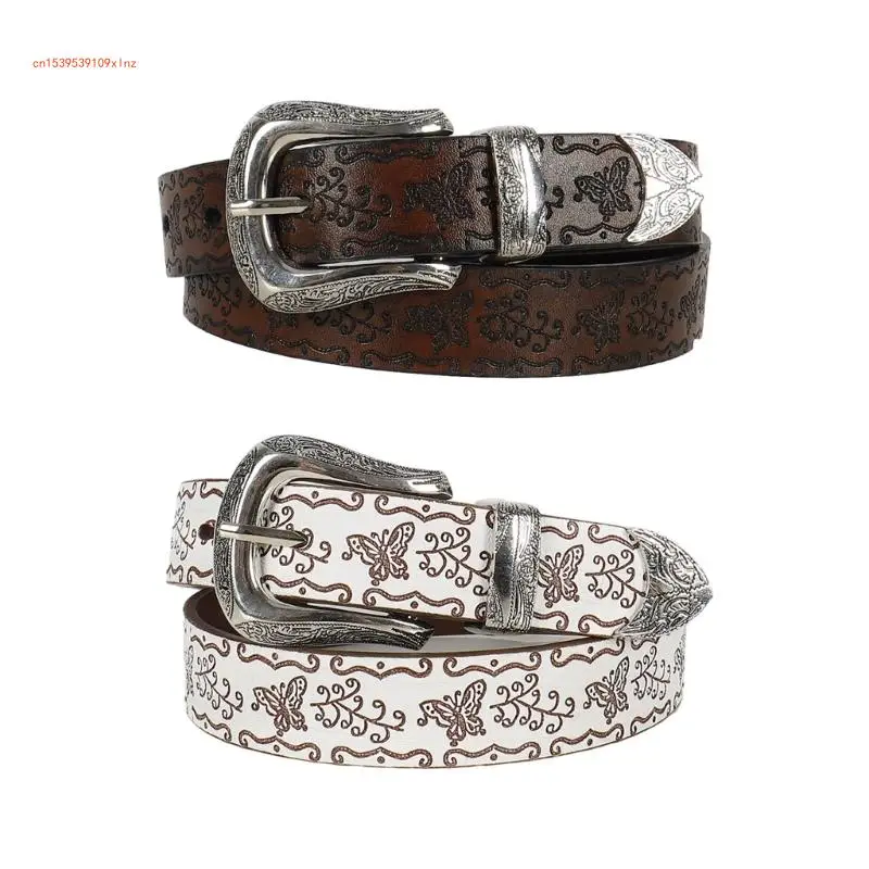 

Womens Jacquard Belts Metal Buckle Leathers Thin Belt Waistband for Jeans Dress