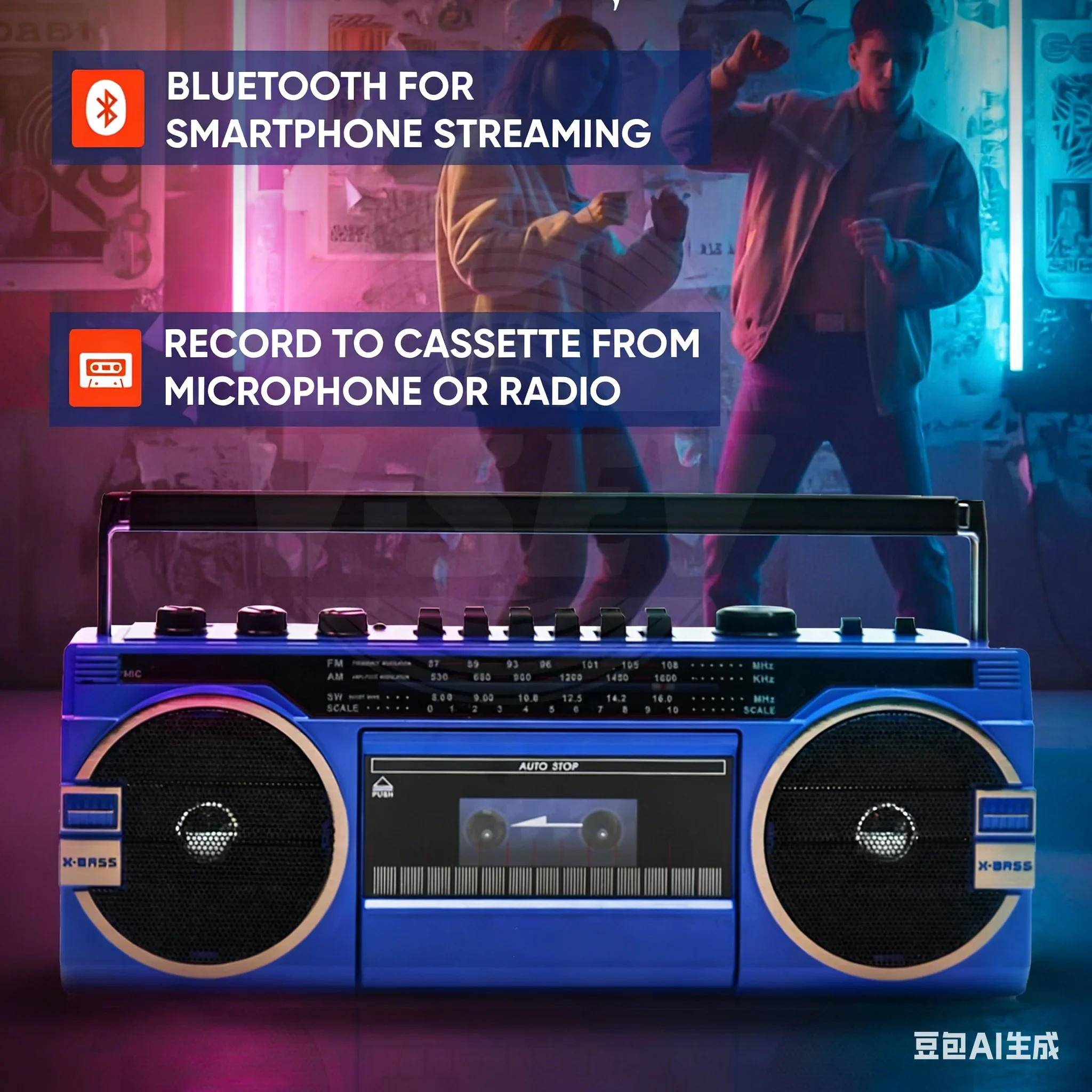 레트로 붐박스 카세트 플레이어, 빈티지 휴대용 카세트 레코더 블루투스 스피커, FM/AM/SW 라디오 녹음 기능, 홈데코용