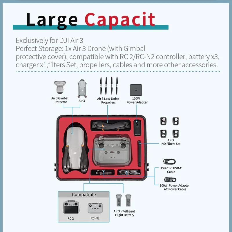 Drone Case For DJI Air 3 Accessories Hard Carrying Case Waterproof Storage Box Portable Suitcase with DJI RC 2/RC-N2 Remote Controller Box