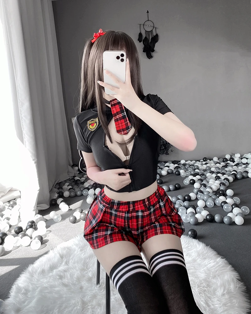 Tartan Patchwork Japanese Schoolgirl Cosplay Uniform Set Sexy JK Embroidery Pleated Role Playing Costume Plaid Skirt Socks women cosplay costume