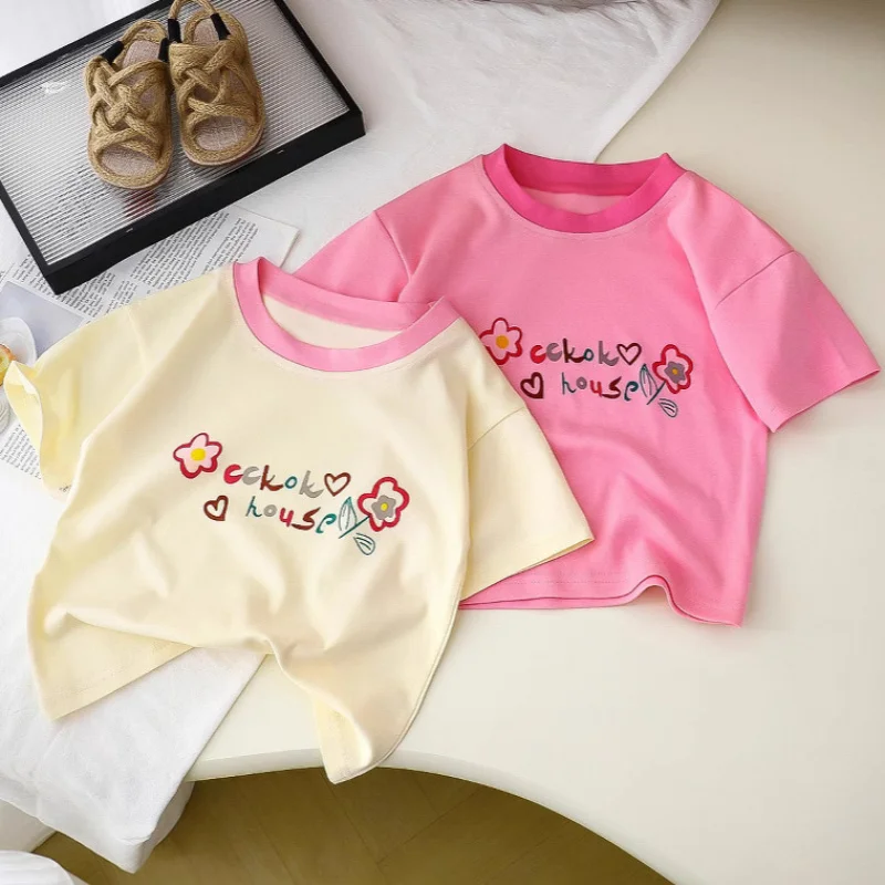 Girls Cartoon Printed T-Shirt 2026 Summer New Cute Short Sleeved T-Shirt For Children Sweet Baby Base Half-Sleeved Shirt