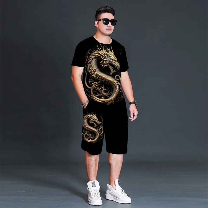 thumbnail image 1 of Conjunto de camiseta y pantalones cortos de playa informales con estampado digital 3D de animales para hombre, 1 of 5