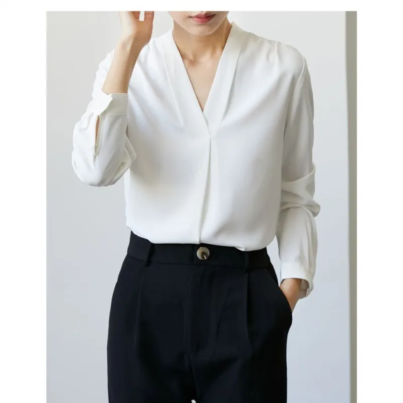 Spring Autumn Women's Pullover V-Neck Solid Lantern Long Sleeve Chiffon Shirt T-shirt Fashion Office Lady Casual Elegant Tops