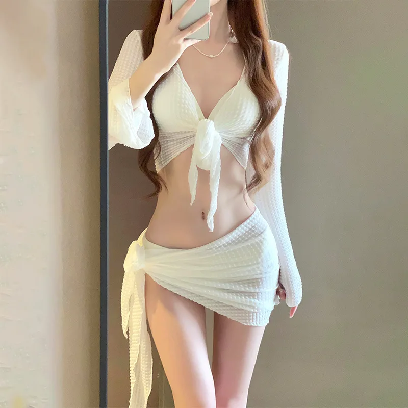 Women's Long Sleeve Knit Bikini Set, Pure Sexy Push-Up Swimsuit with Cover-Up, Elegant Resort Swimwear for Vacation Beach 1