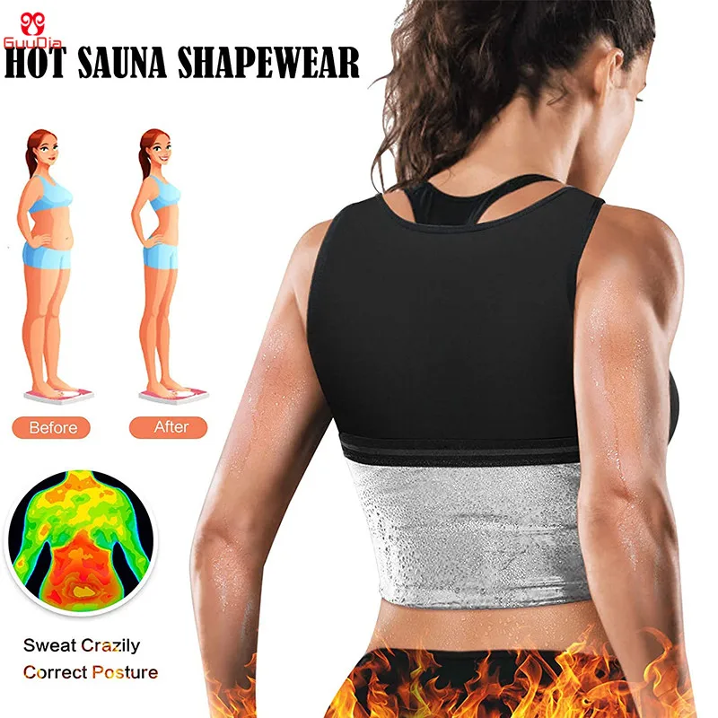 GUUDIA Hot Sweating Vest Women Workout Tank Top Silver Coated Sweating Tops Waist Trainer Body Shaper Shirts Weight Loss Corset