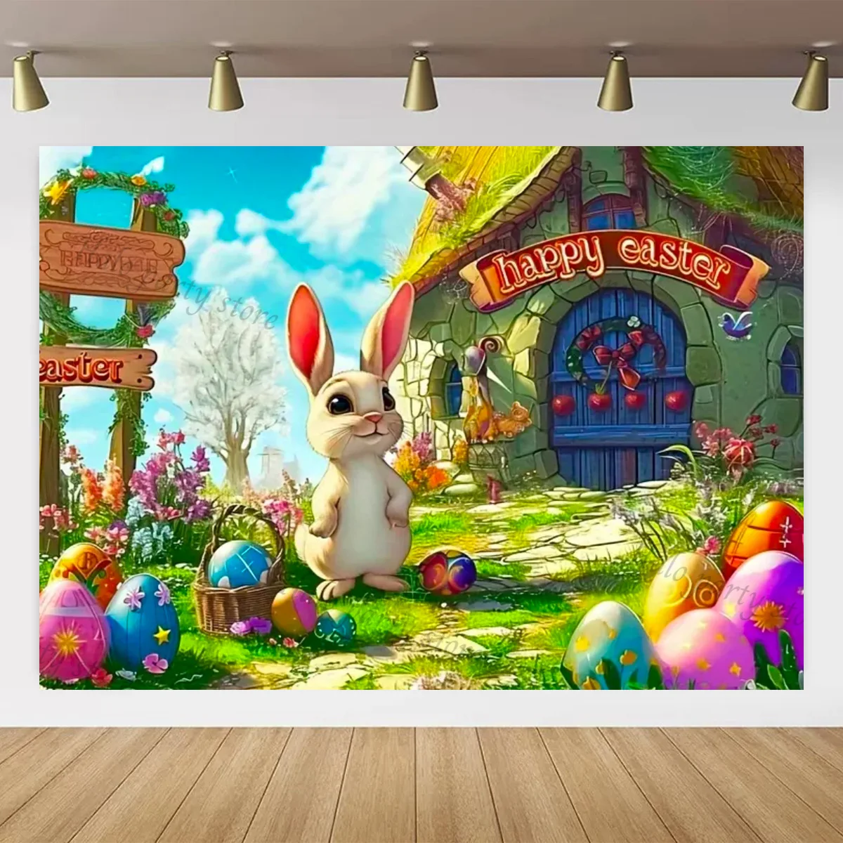 Sfondo Fotografico Pasquale 2,1x1,5 M - Design Floreale Con Coniglietto Per Baby Shower E Feste | Lavabile E Pieghevole - Foto 10