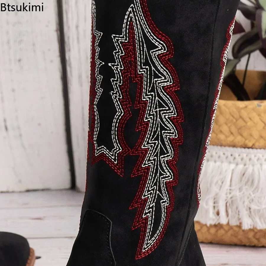 New 2024 Women's Embroidered Long Boots Handmade Thick Heeled Autumn Winter Long Boots Female Cowboy Western Retro Botas Gothic