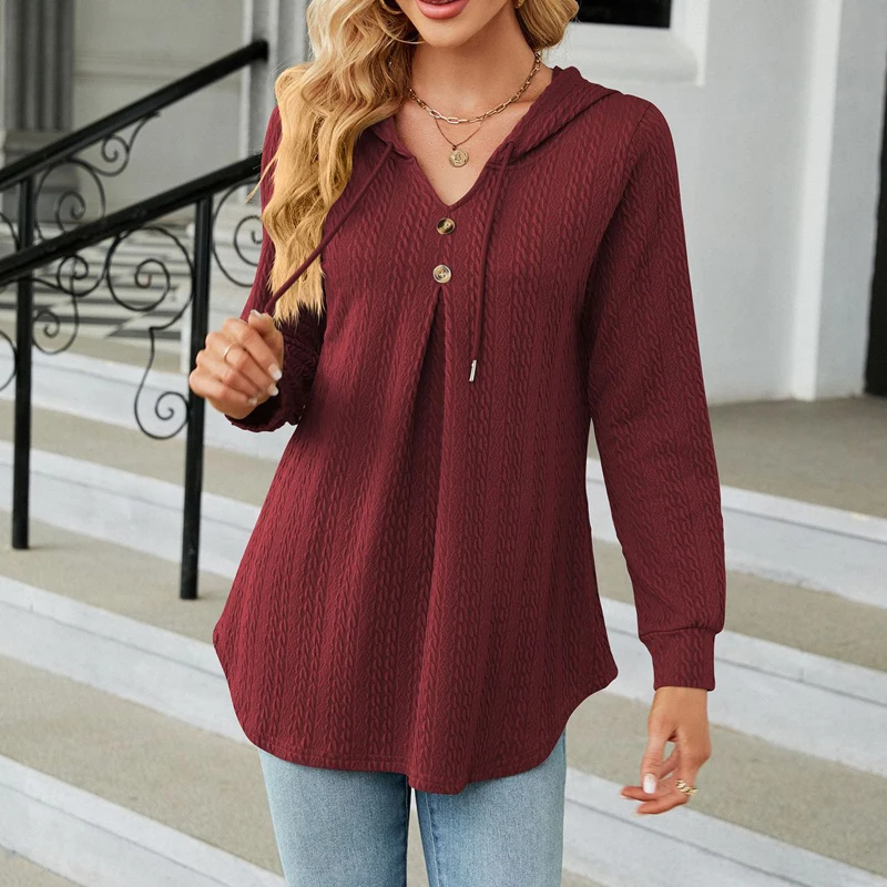 

New Autumn and Winter Women Trendy V Neck Hooded Sweatshirts Elegant Solid Long Sleeve Loose Tunic Tops Y2K Female Casual Hoodie