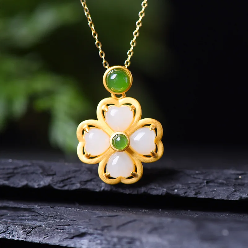 

Natural Hetian Jade Four-leaf Clover White Jade Jasper Women's S925 Sterling Silver Pendant Necklace Collarbone Chain