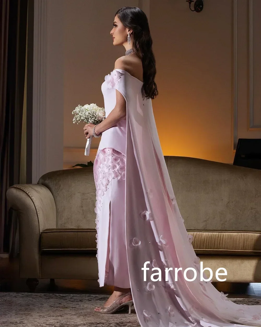 Prom Dress Customized Jersey Pleat Flower A-line Off-the-shoulder Midi