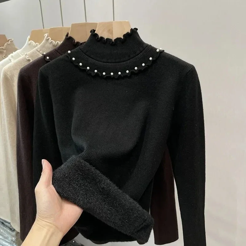 

Winter Elegant Thicken Velvet Lined Warm Knitted Pullover Women Turtleneck Sweater Slim Tops Long Sleeve Jumper Ruffle Knitwear
