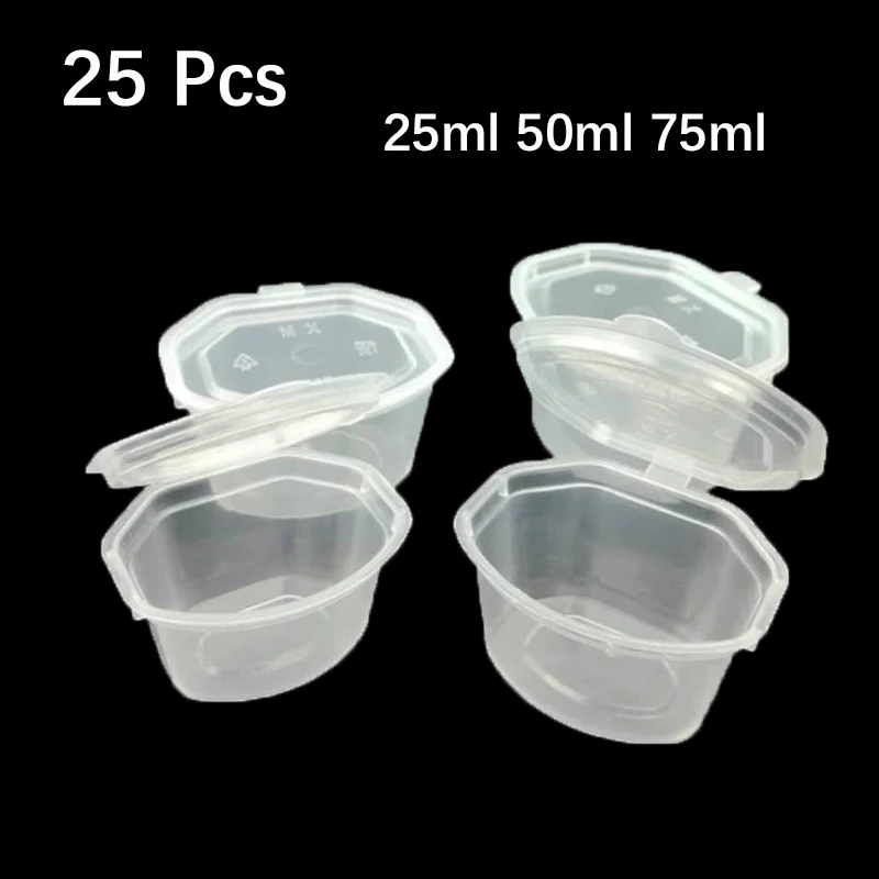 25Pcs Disposable Portable Plastic Sauce Cups Food Storage Containers Clear Boxes With Lids Small 25ml/50ml/75ml |