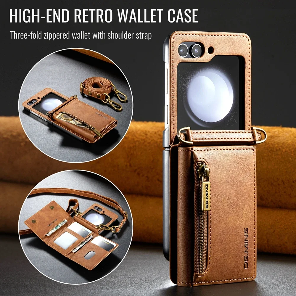 Crossbody Leather Wallet Case with Card Slot and Zipper Lanyard