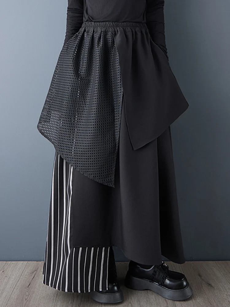 Black Vintage Stripe Irregular High Waist Skirt Women New Spliced Loose Casual Long Skirts Fashion Clothes Spring Autumn 2025