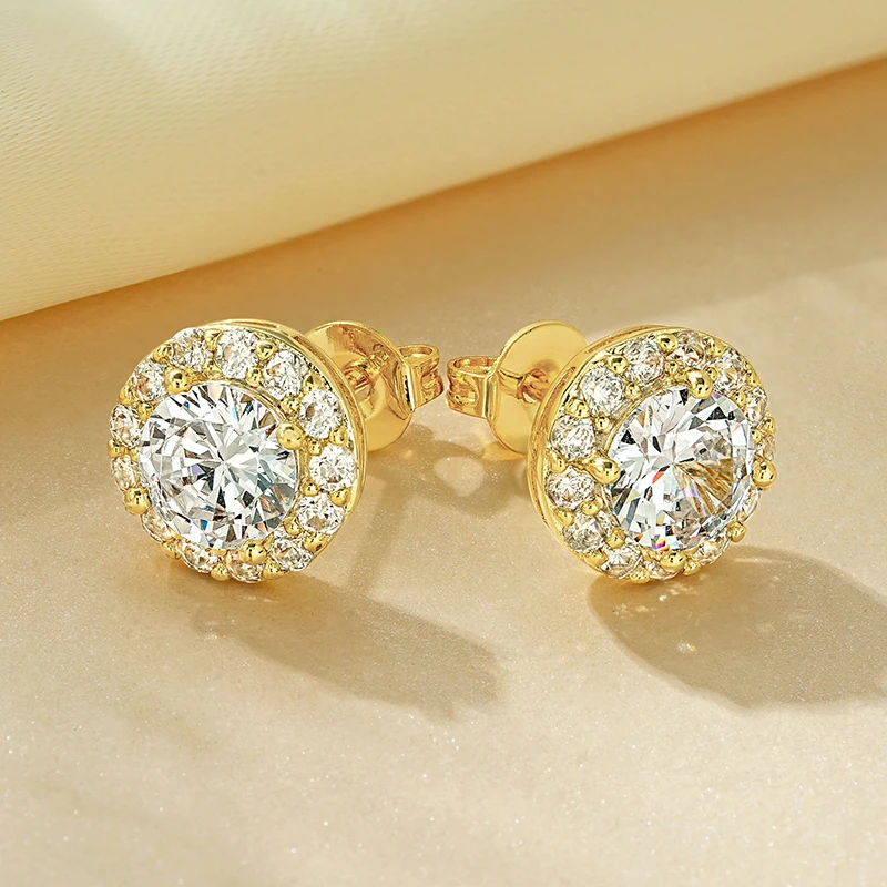 Rrjzz 1CT Ohrstecker für Damen, S925-Sterlingsilber, vergoldet, CZ, simulierter Diamant-Ohrring, Halo-Ohrstecker, Hochzeit, edler Schmuck – Detail 3